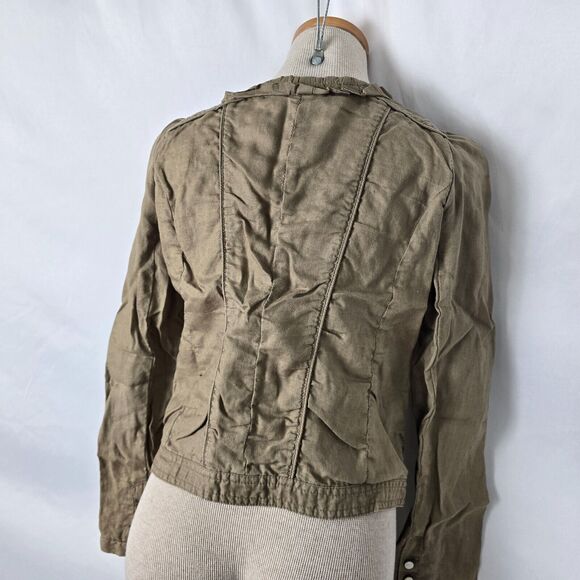 Hei Hei Anthropologie Jacket Women's 2 Olive Ruffles Zip Up Crop Pearl Buttons - Picture 9 of 10